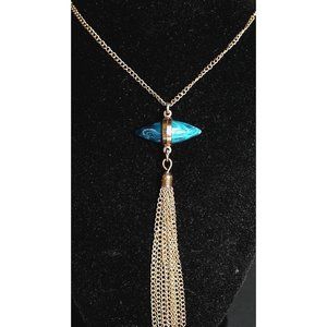 Gold Blue Stone Bead Sweater Necklace Waterfall Tassel Pendant 17inch Gold Chain